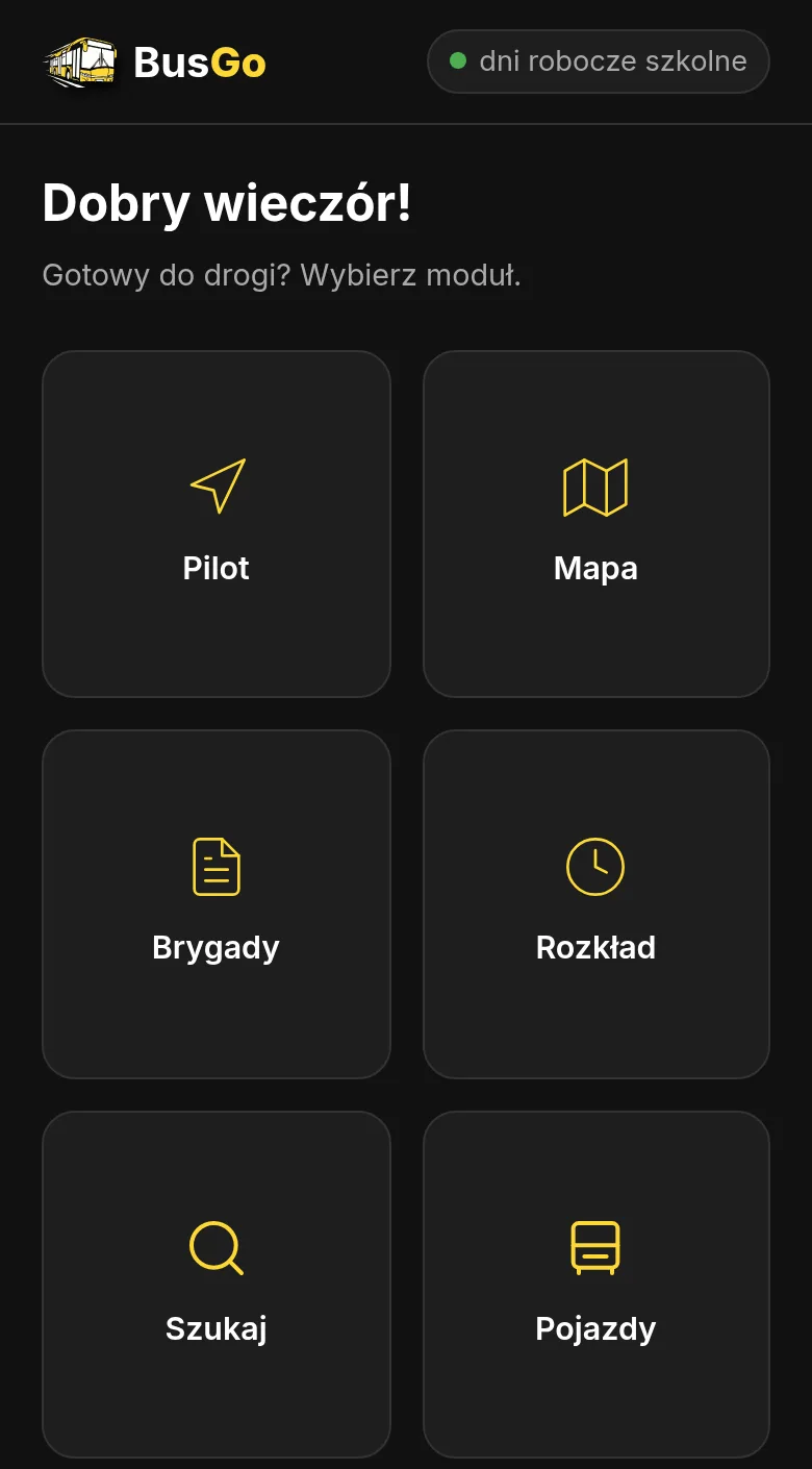 Pulpit aplikacji BusGo: Pilot, Mapa, Brygady, Rozkład, Szukaj, Pojazdy